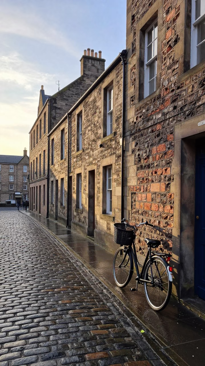 Morning Light on Edinburgh Cobblestones with Bicycle Basket and Folding Chair in in Edinburgh, United Kingdom