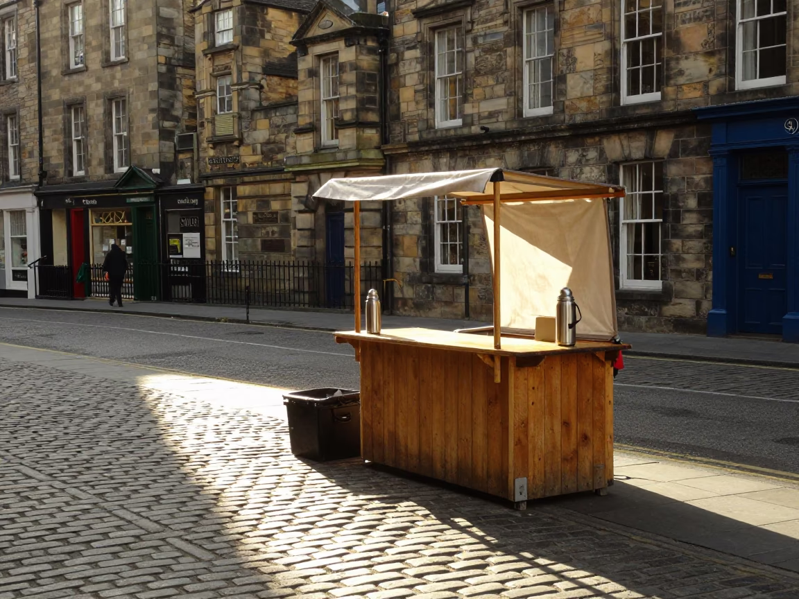Morning light on Edinburgh Royal Mile street vendor stall with thermos and cooler in in Edinburgh, United Kingdom