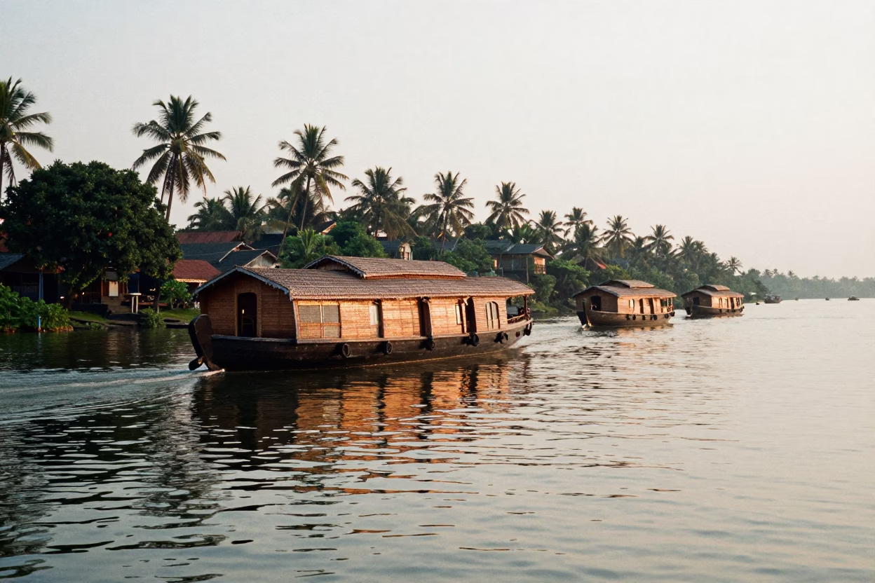 Morning Light on Ernakulam Cochin Backwaters with Houseboat and Traditional Kerala Architecture in in Kochi, India
