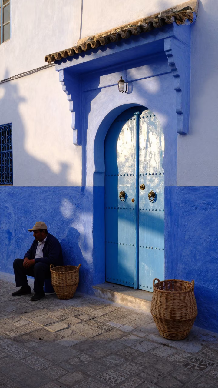Morning light on Essaouira blue door and woven basket fibers in in Essaouira, Morocco
