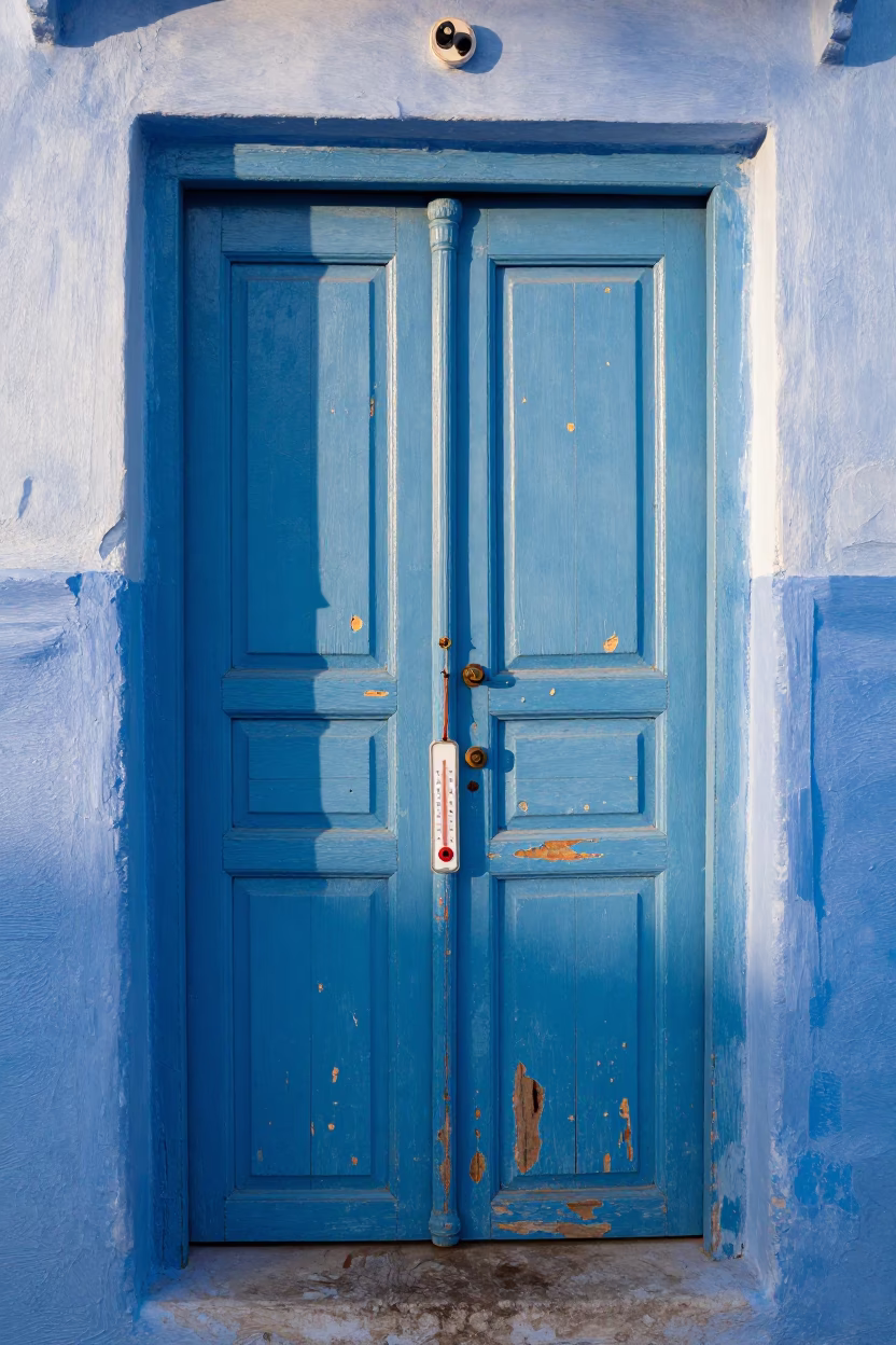 Morning Light on Essaouira Blue Door with Thermometer and Fishing Kayak in in Essaouira, Morocco