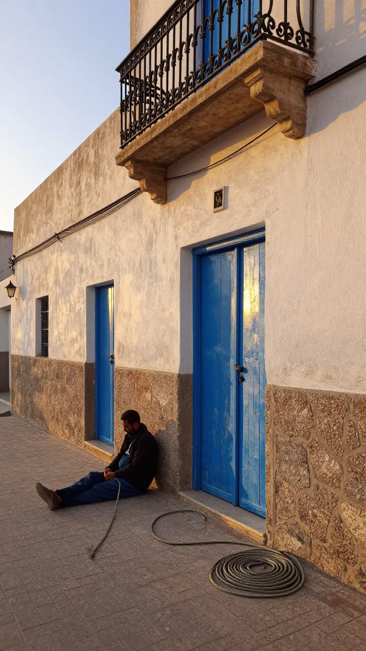 Morning Light on Essaouira Blue Doors and Coiled Rope on Cobblestone Street in in Essaouira, Morocco