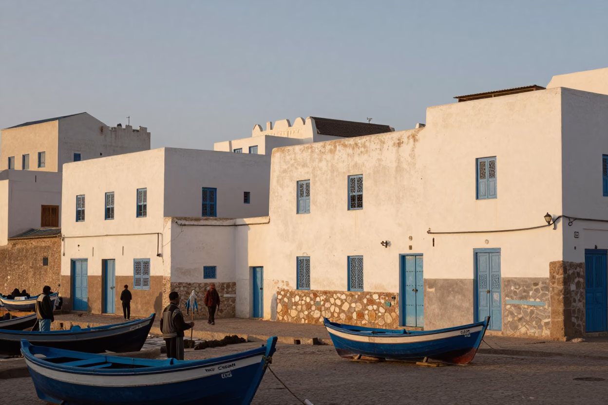 Morning light on Essaouira medina streets with fishermen and traditional architecture in in Essaouira, Morocco
