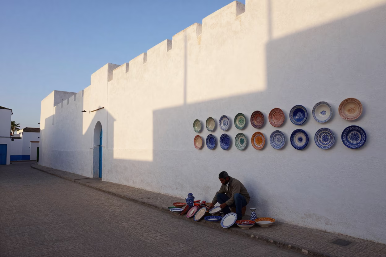 Morning Light on Essaouira Medina Walls with Ceramic Plates and Enamel Bowls in in Essaouira, Morocco