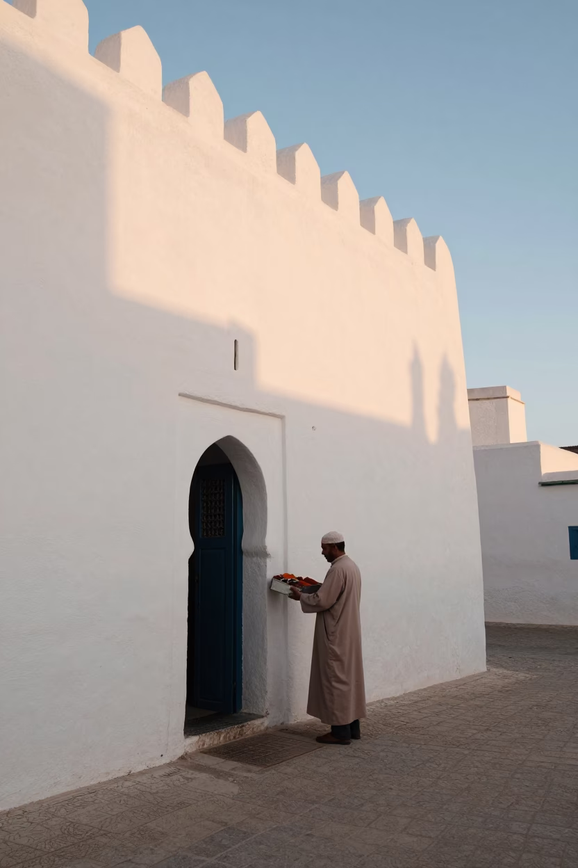 Morning Light on Essaouira Medina Walls with Local Artisan and Tin Box in in Essaouira, Morocco