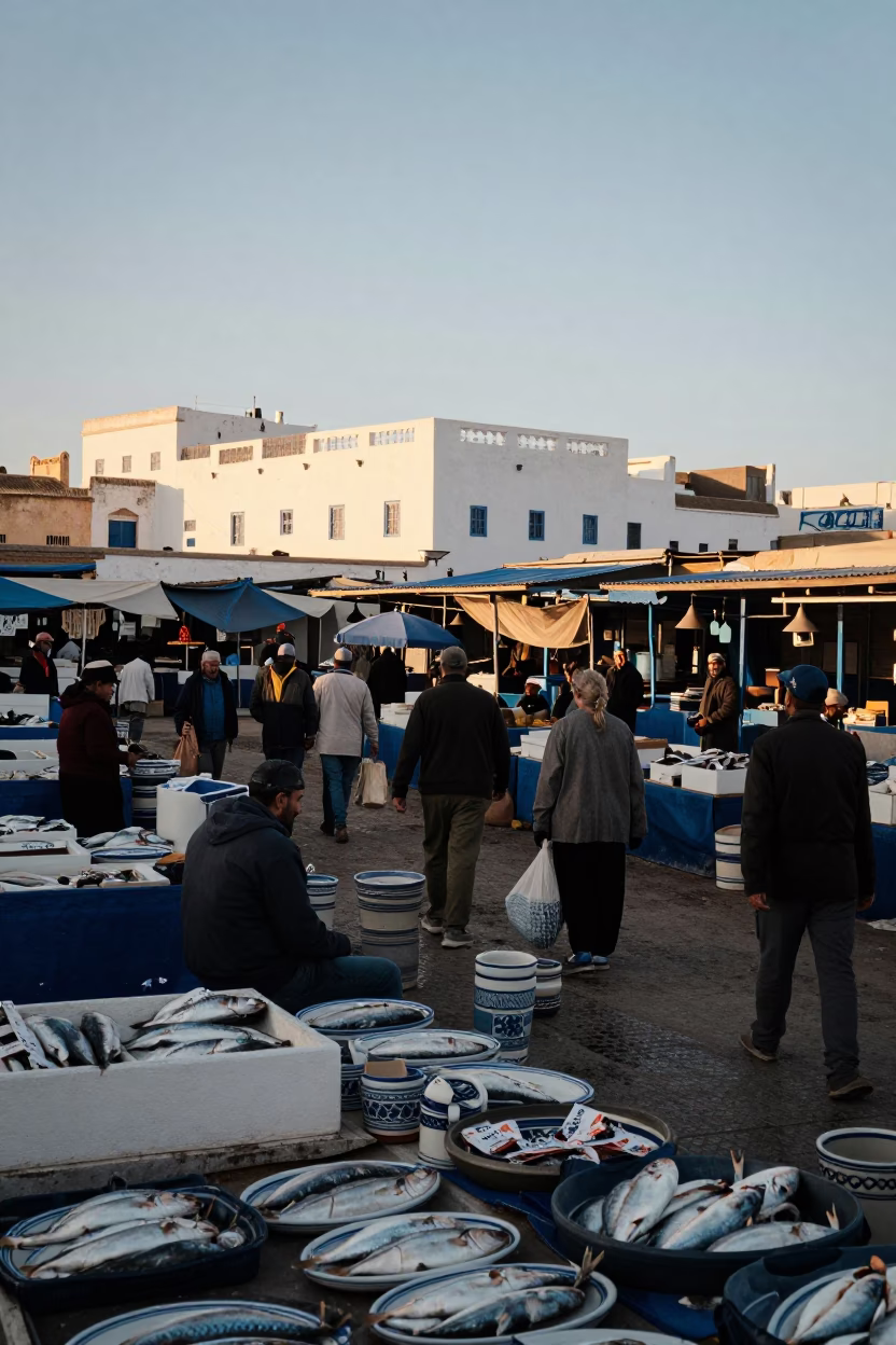 Morning Light on Essaouira Port Fish Market with Ceramic Pitcher and Local Activity in in Essaouira, Morocco