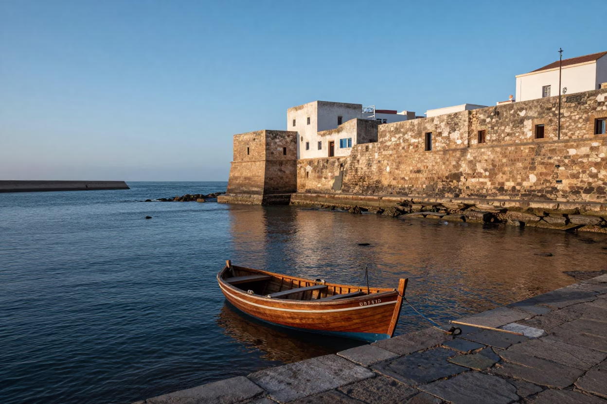 Morning Light on Essaouira Skiff and Coastal Stone Walls in Morocco in in Essaouira, Morocco
