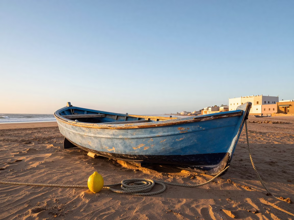 Morning Light on Essaouira Skiff and Lemon Jar in in Essaouira, Morocco