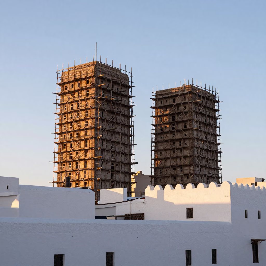 Morning Light on Essaouira Skyscrapers with Wooden Scaffolding and Coastal Breakwater Beacon in in Essaouira, Morocco