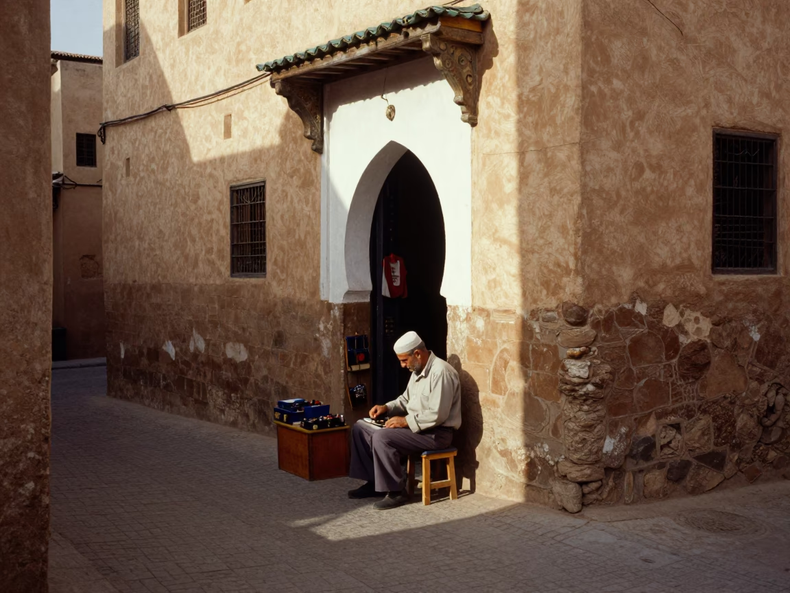 Morning Light on Fez Medina Street with Artisan Toolbox and Traditional Workshop Activity in in Fez, Morocco
