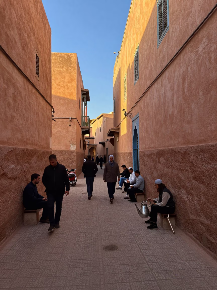 Morning Light on Fez Medina Street with Watering Jug and Local Commerce in in Fez, Morocco