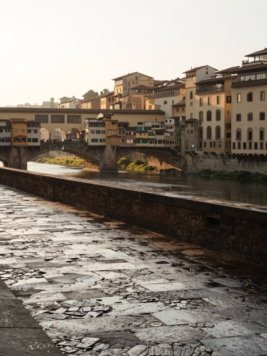 Morning Light on Florence Cobblestones Near Ponte Vecchio with Sketchbook in in Florence, Italy