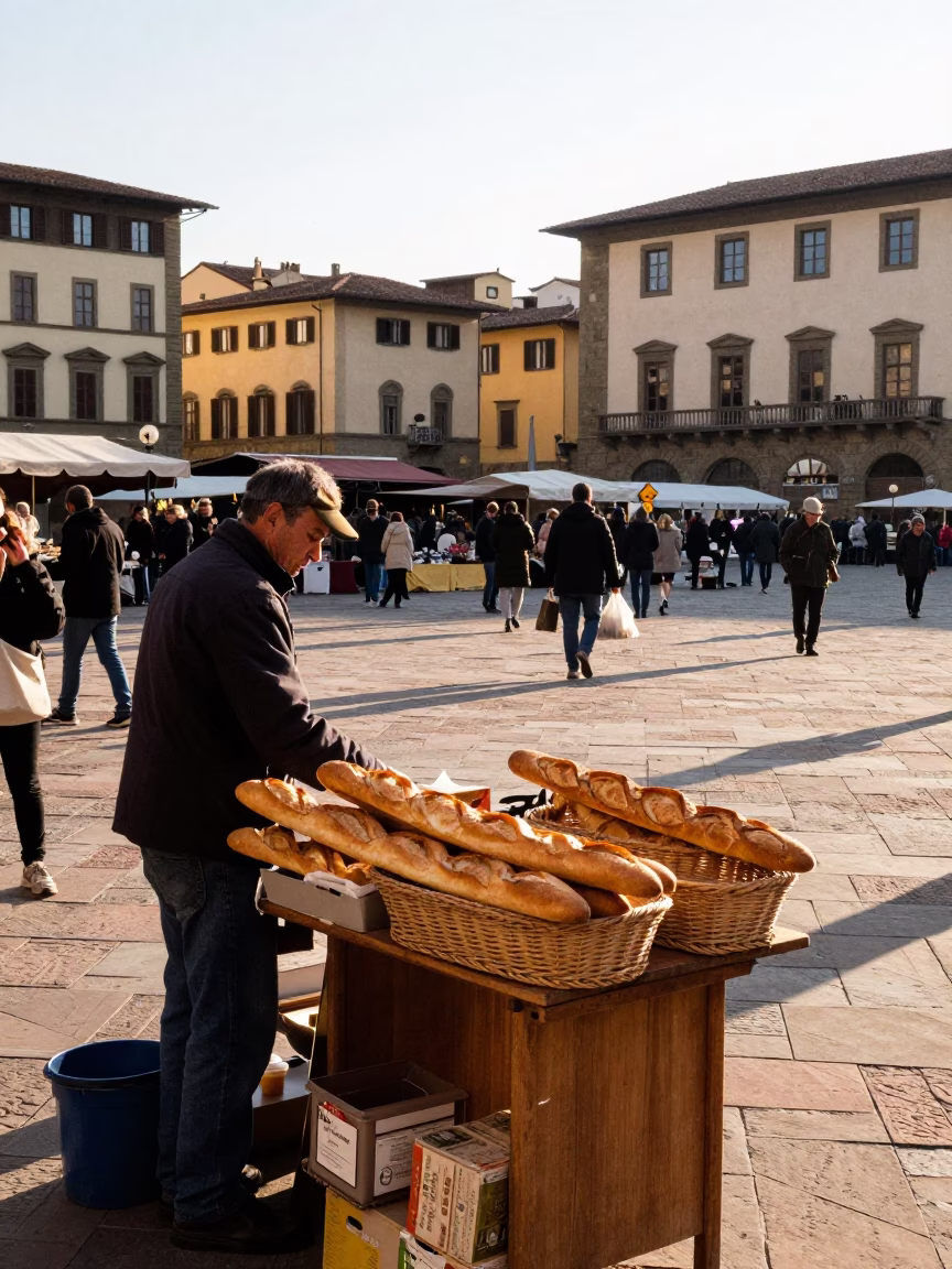 Morning light on Florence market square with fresh baguettes and ceramic utensil crocks in in Florence, Italy