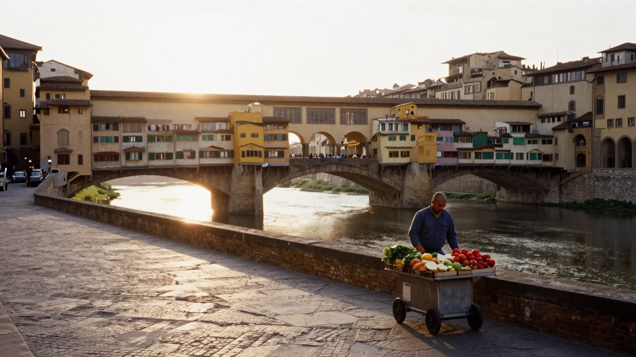 Morning Light on Florence Ponte Vecchio Bridge with Rolling Carts and Bougainvillea in in Florence, Italy