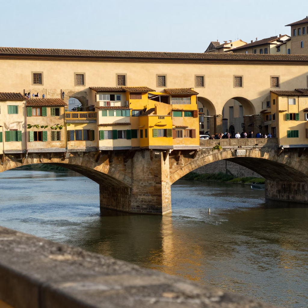 Morning light on Florence Ponte Vecchio stone arches and Arno river water in in Florence, Italy