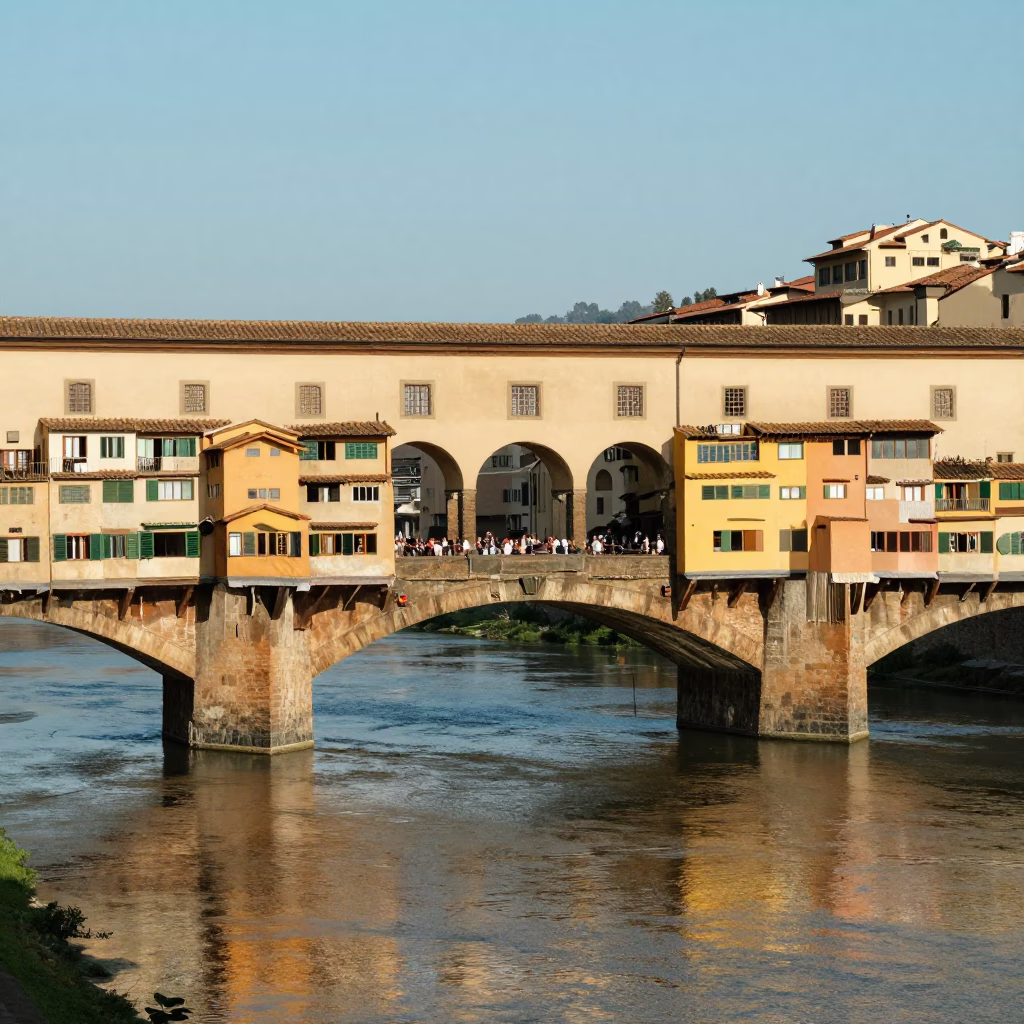Morning light on Florence Ponte Vecchio with stone arches and river reflections in in Florence, Italy