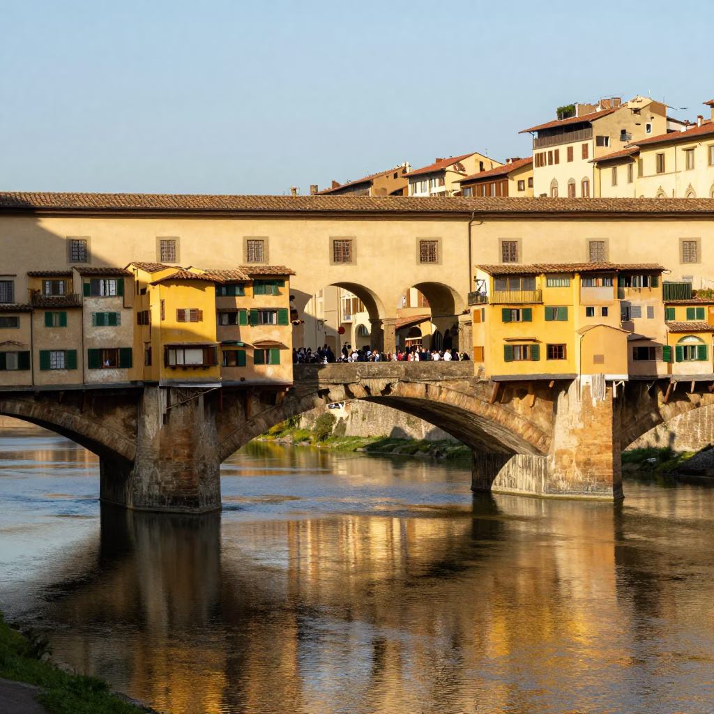 Morning light on Florence Ponte Vecchio with vintage majolica plate and leaf shadows in in Florence, Italy
