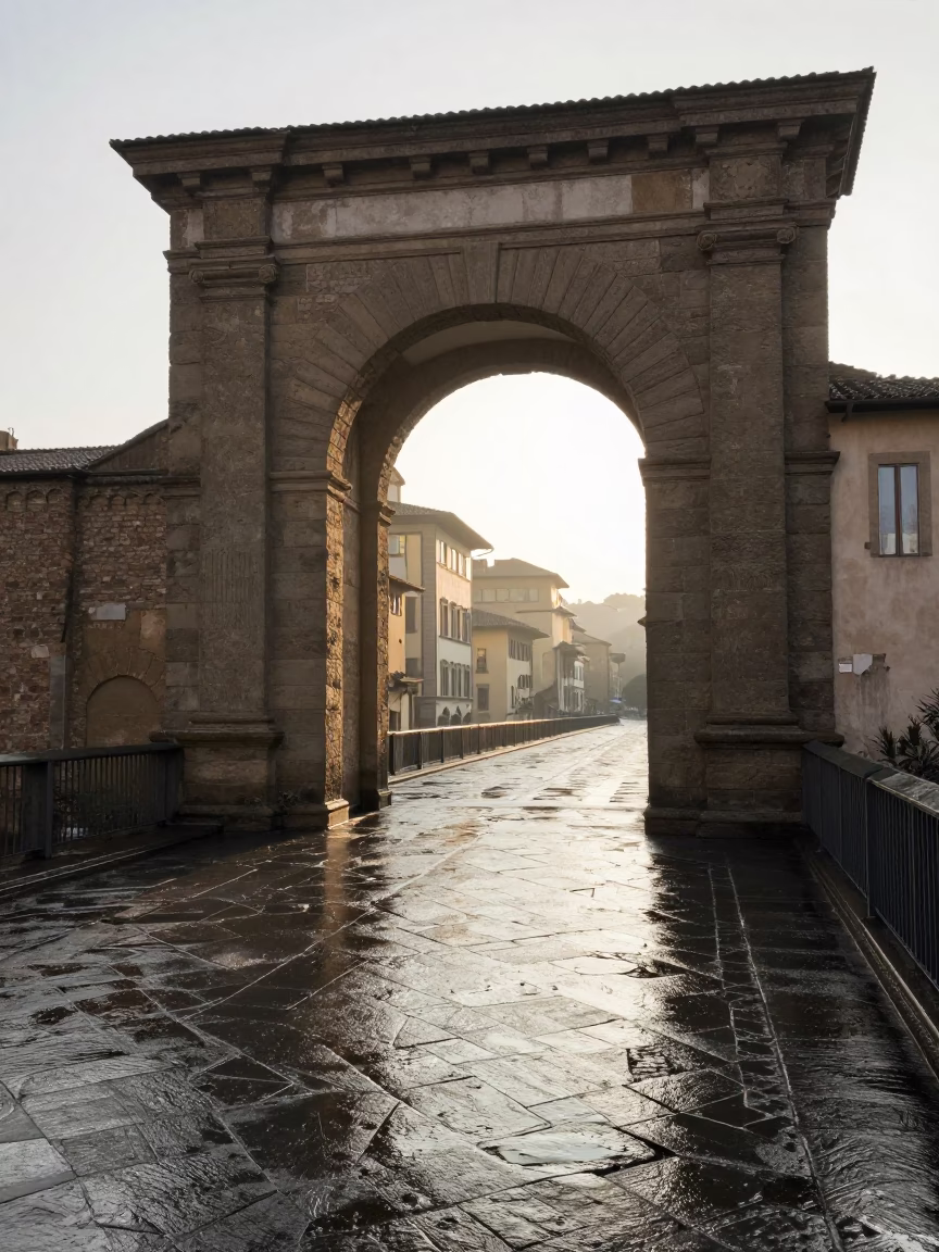 Morning light on Florence stone archway and wet cobblestones after sunrise in in Florence, Italy