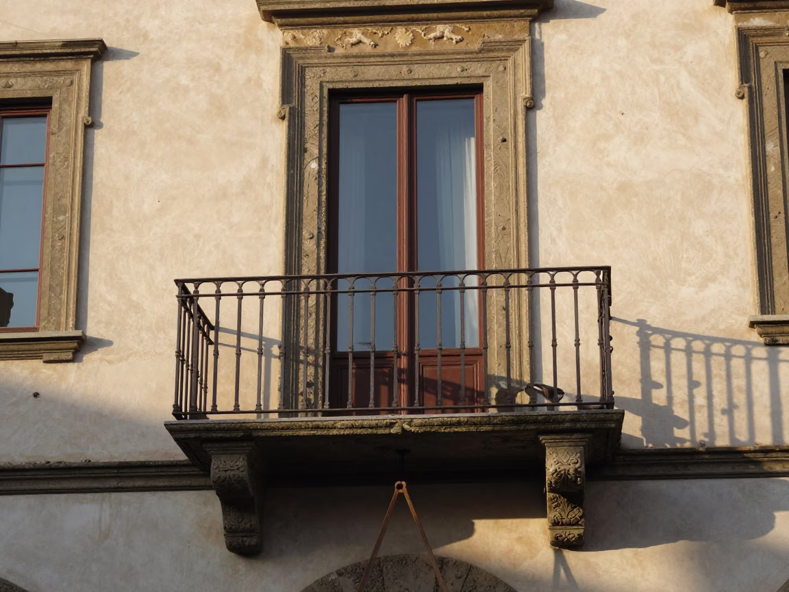 Morning Light on Florence Stone Balcony with Berry Stain and Umbrella Stand in in Florence, Italy