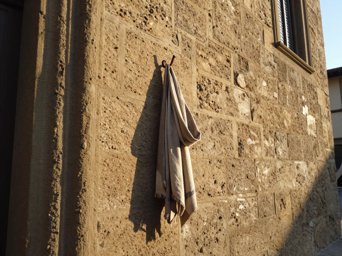 Morning light on Florence stone walls with scarf and smudges in in Florence, Italy