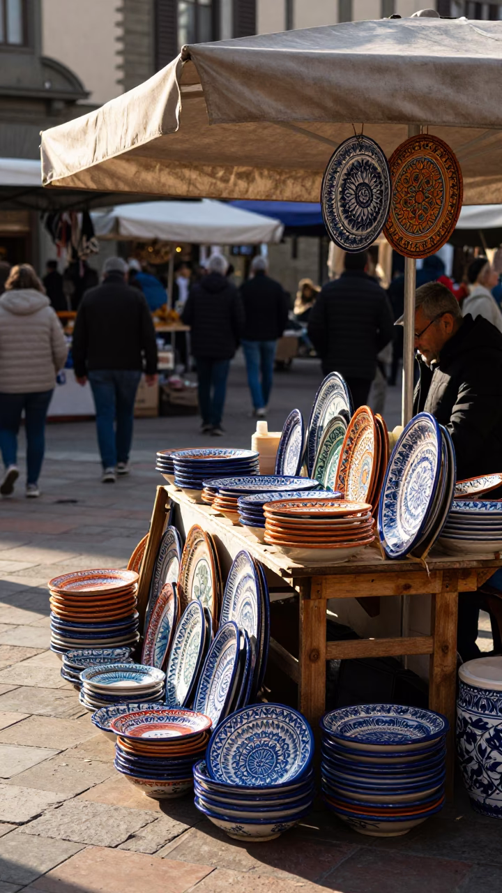 Morning light on Florence street vendor stall with majolica plates and busy market atmosphere in in Florence, Italy