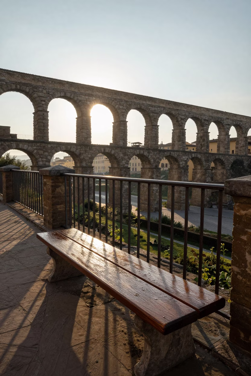 Morning Light on Florentine Balcony with Roman Aqueduct View and Tea Stains in in Florence, Italy