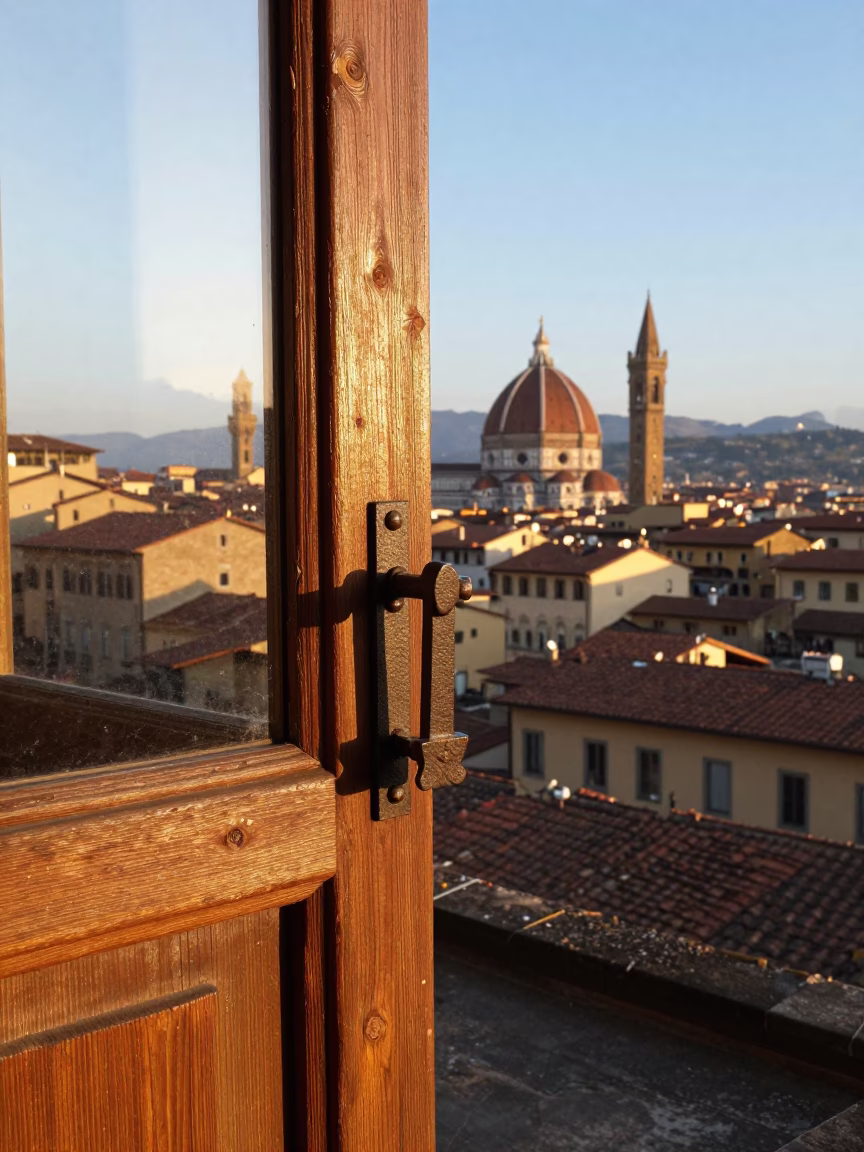 Morning Light on Florentine Stone Latch and Weathered Rail Detail in in Florence, Italy
