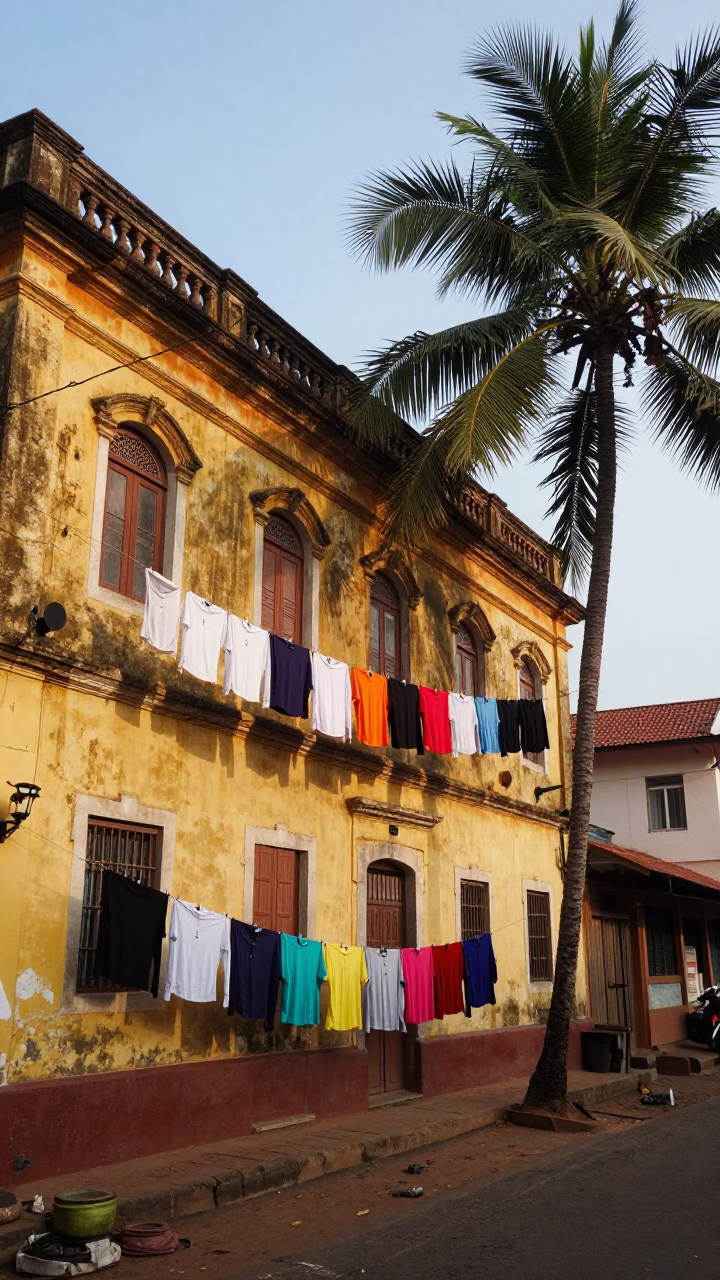 Morning light on Fort Kochi street with hanging laundry and traditional Kerala architecture in in Kochi, India