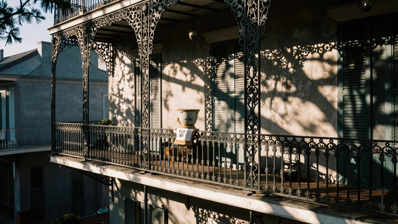 Morning light on French Quarter balcony with cypress swamp view and paddlewheel steamboat in in New Orleans, Louisiana, United States