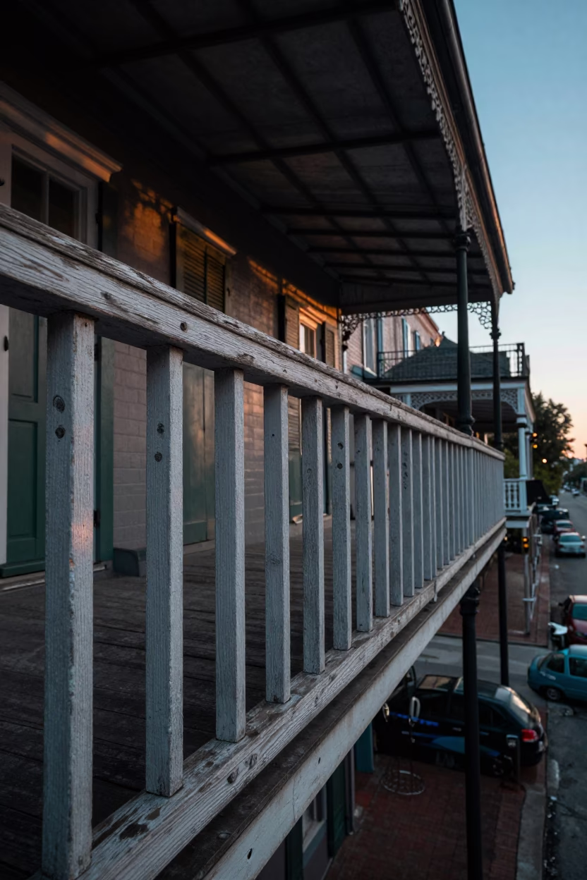 Morning Light on French Quarter Balcony with Fingerprinted Wood and Cherry Pit in in New Orleans, Louisiana, United States