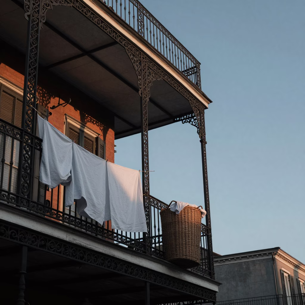 Morning Light on French Quarter Balcony with Laundry Basket and Tram in in New Orleans, Louisiana, United States
