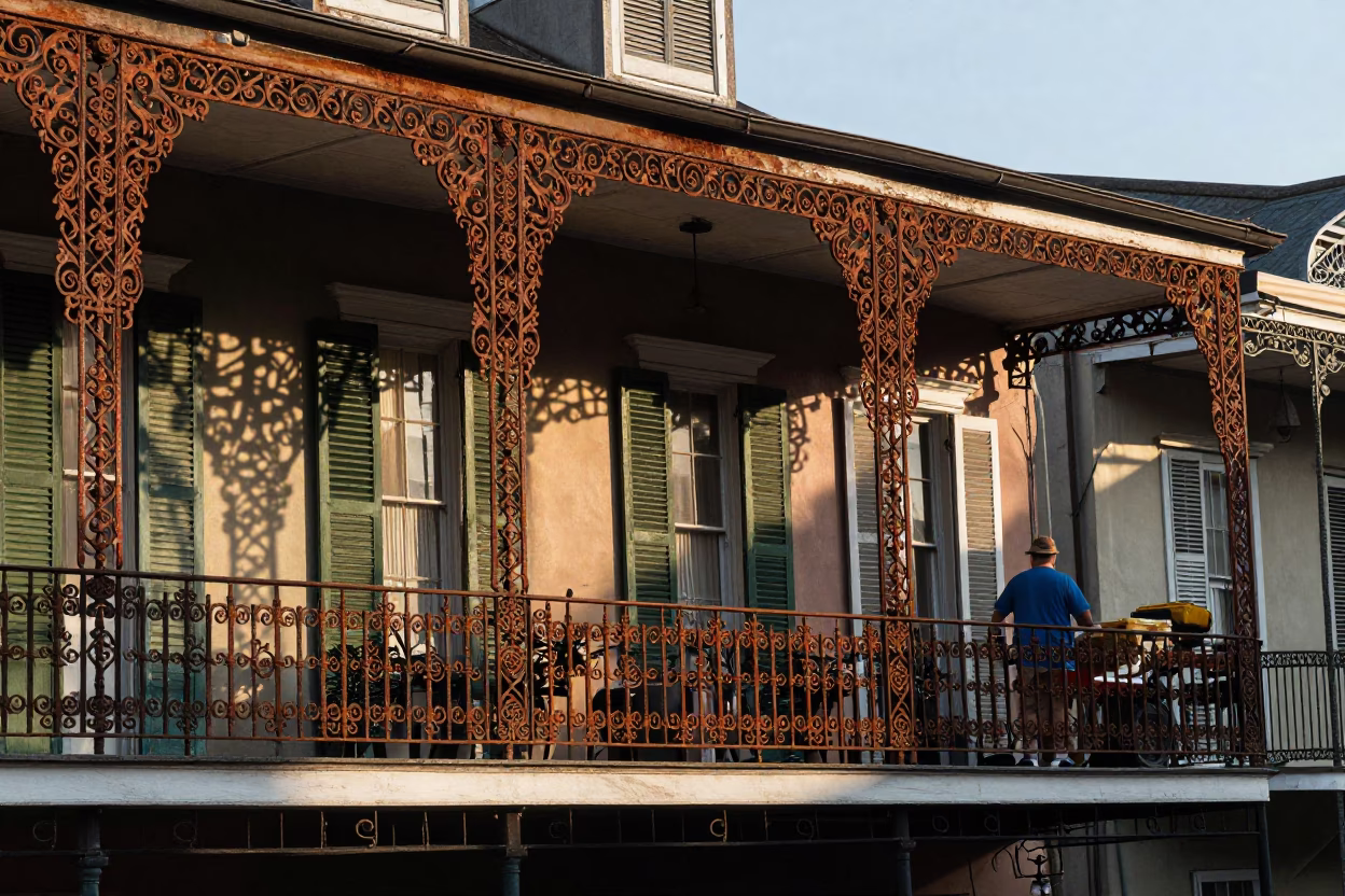 Morning Light on French Quarter Balcony with Rusty Basin and Street Life in in New Orleans, Louisiana, United States
