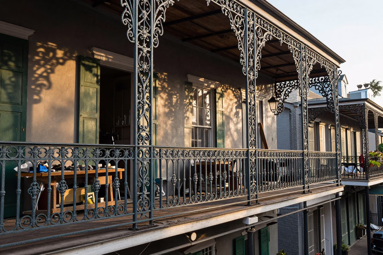 Morning Light on French Quarter Ironwork Balcony with Vintage Workshop Tools in in New Orleans, Louisiana, United States