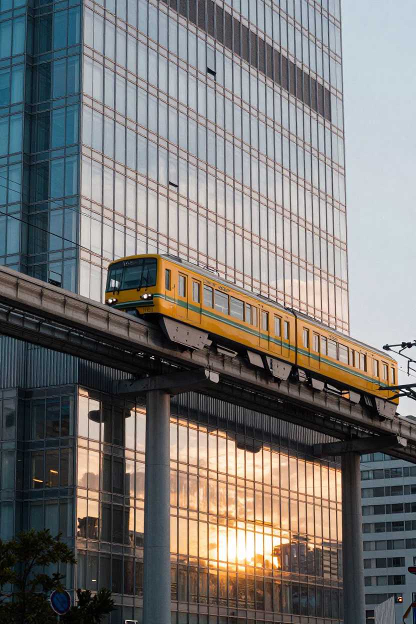 Morning Light on Fukuoka Monorail Reflected in Glass Skyscraper Facade in in Fukuoka, Japan