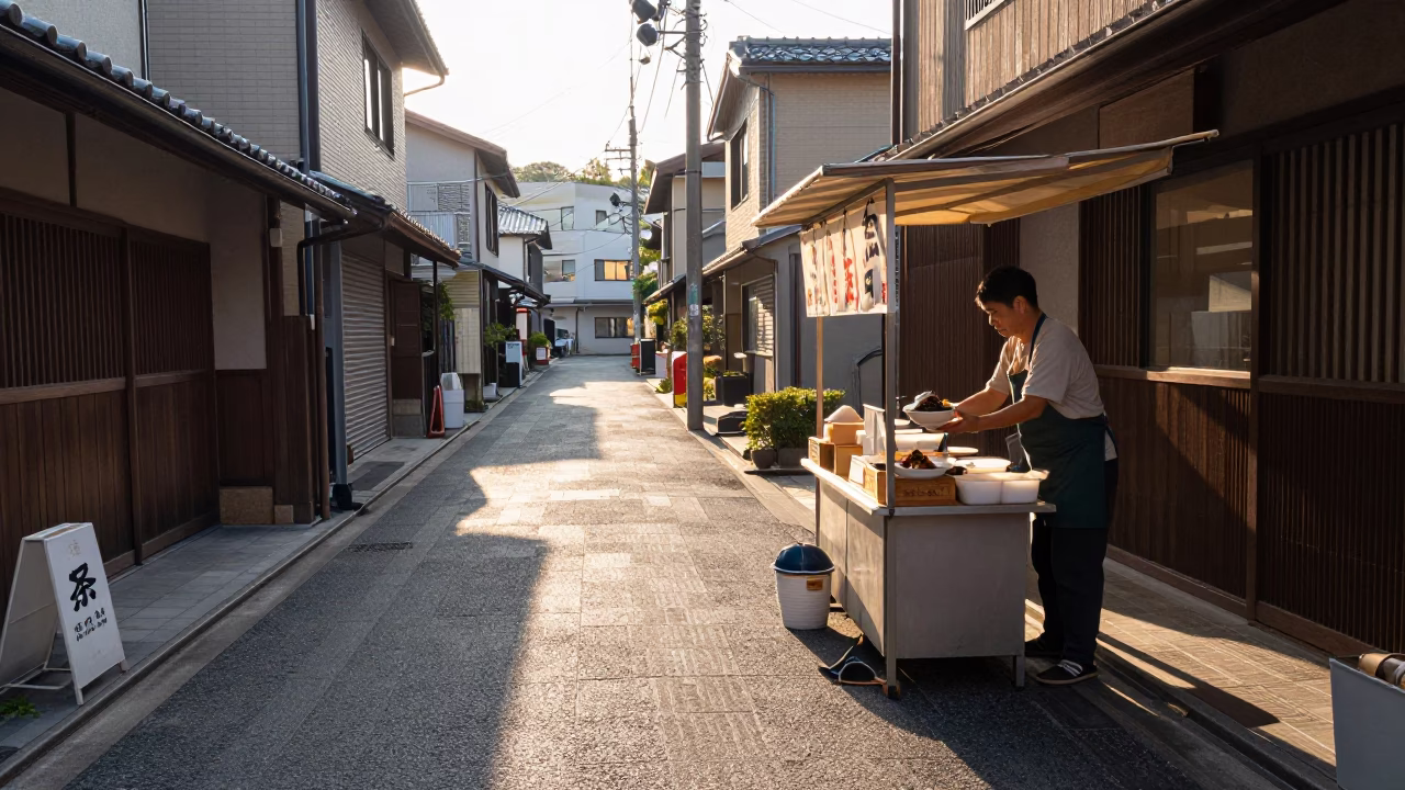 Morning Light on Fukuoka Street with Bowl of Shan Noodles and Steam Haze in in Fukuoka, Japan