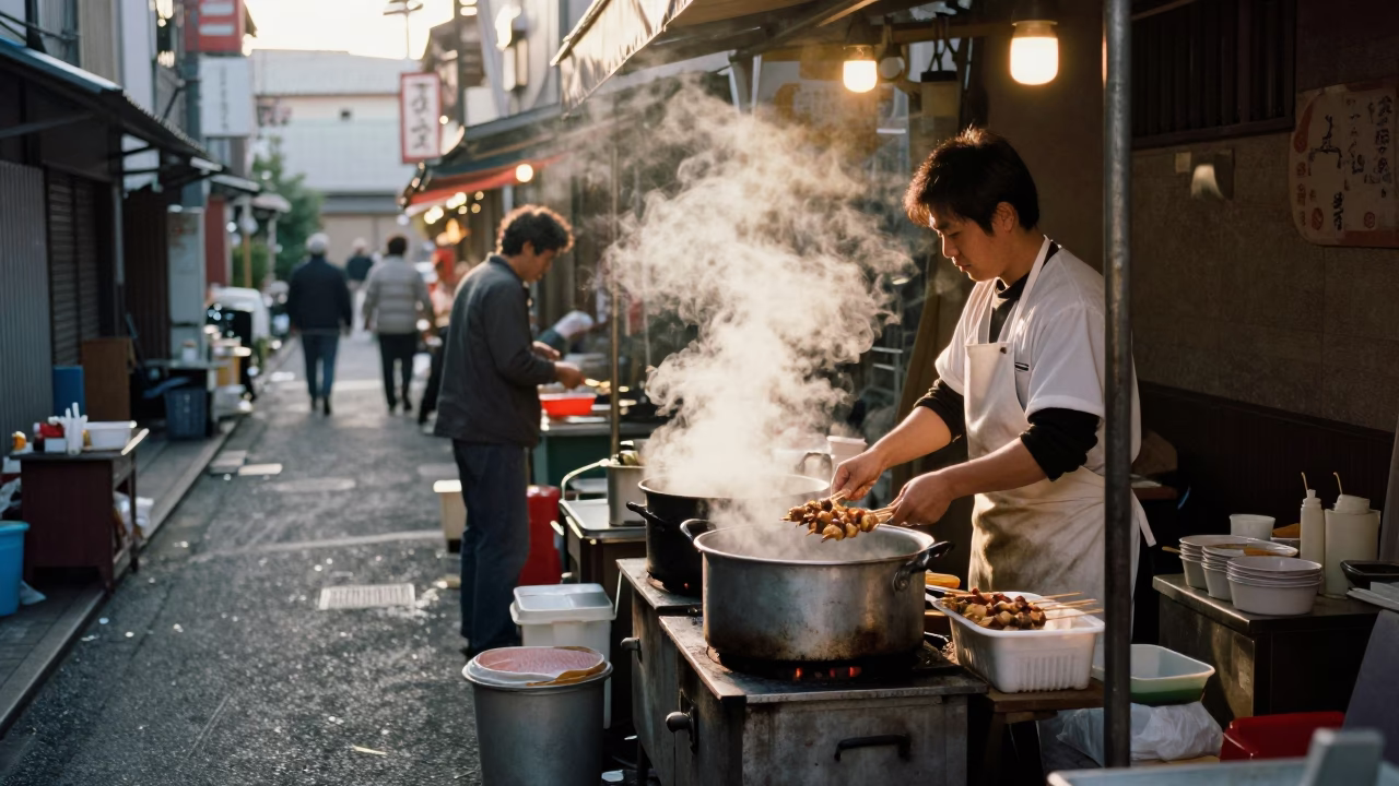 Morning light on Fukuoka street with breakfast stall and local vendor in in Fukuoka, Japan