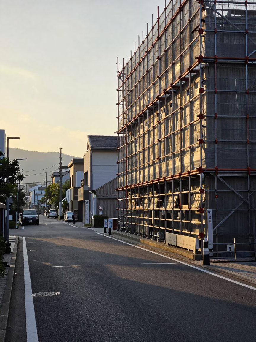 Morning Light on Fukuoka Street with Scaffold Joints and Urban Details in in Fukuoka, Japan
