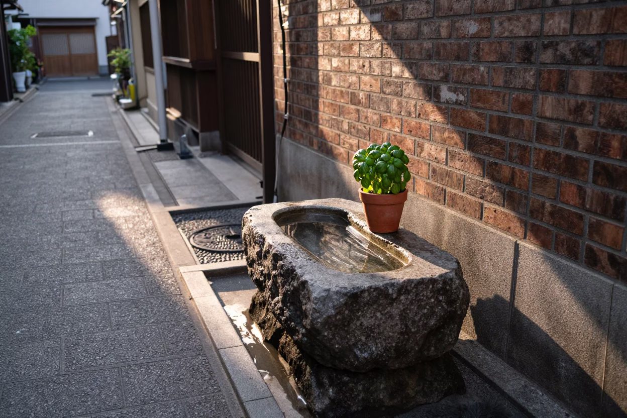 Morning Light on Fukuoka Street with Stone Water Basin and Potted Basil in in Fukuoka, Japan