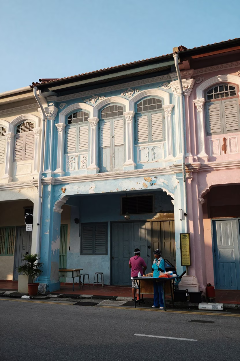 Morning light on George Town Malaysia shophouse street with vendor and street life in in George Town, Malaysia