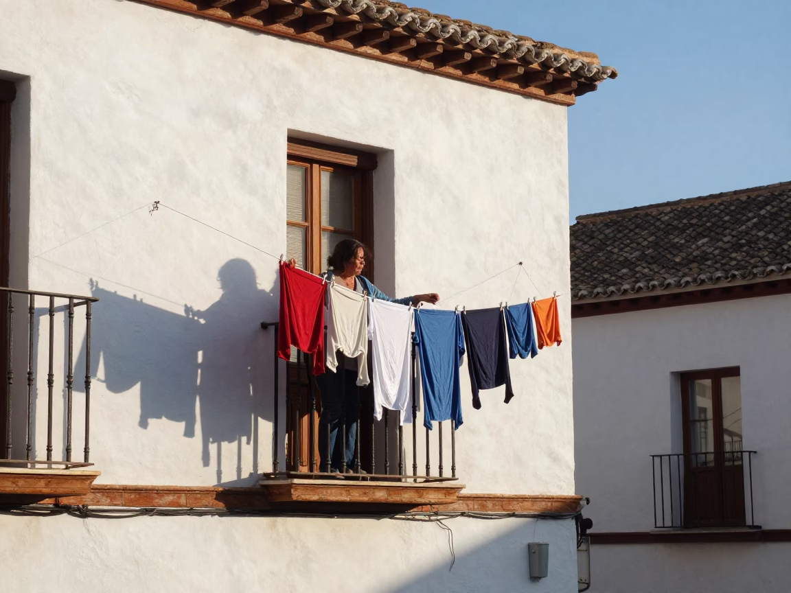 Morning Light on Granada Balcony with Local Laundry and Street View in in Granada, Spain