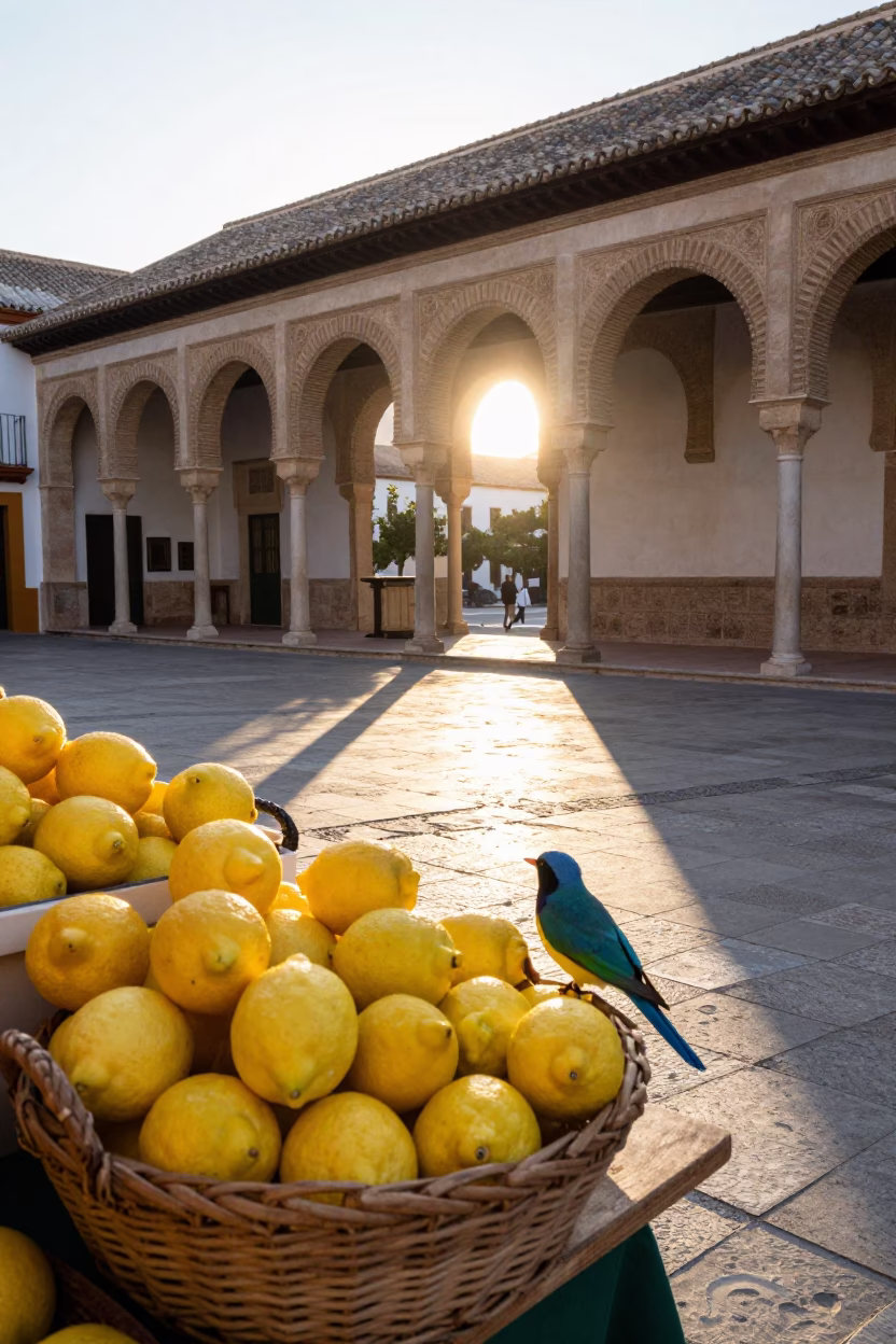 Morning Light on Granada Plaza with Lemons and Bird of Paradise in in Granada, Spain