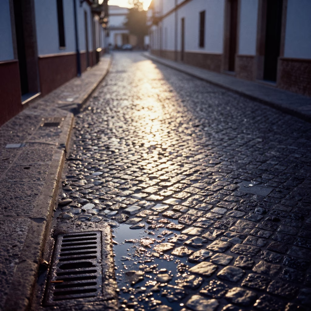 Morning light on Granada Spain cobblestones with water rings on drain and distant Alhambra in in Granada, Spain