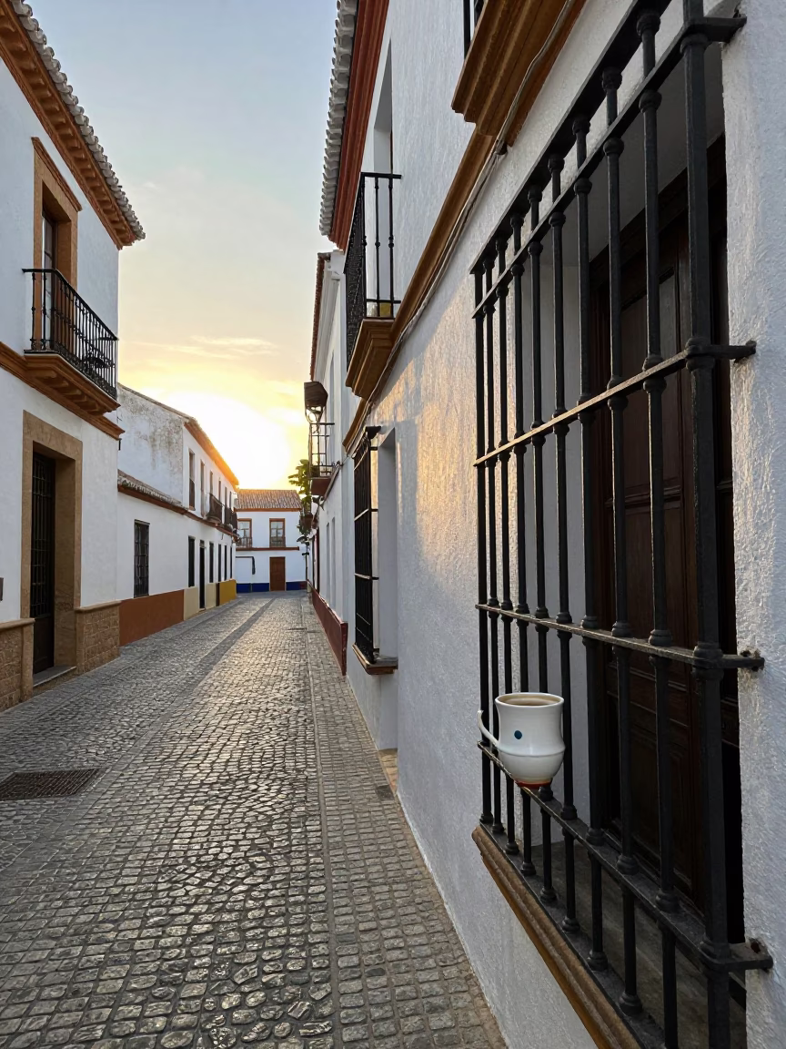 Morning Light on Granada Spain Street with Ceramic Cup and Fig Tree in in Granada, Spain