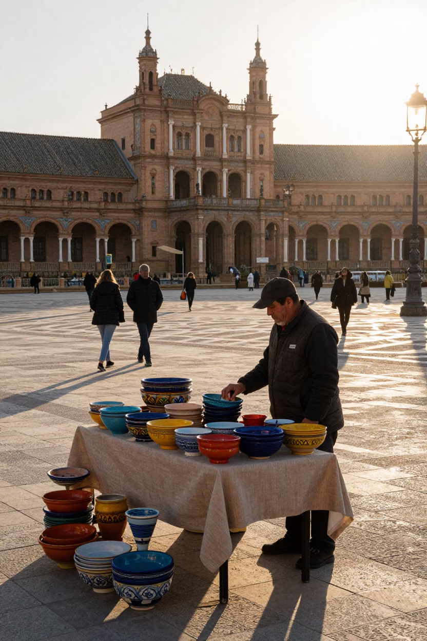 Morning Light on Granada Spanish Plaza with Colorful Ceramic Details in in Granada, Spain