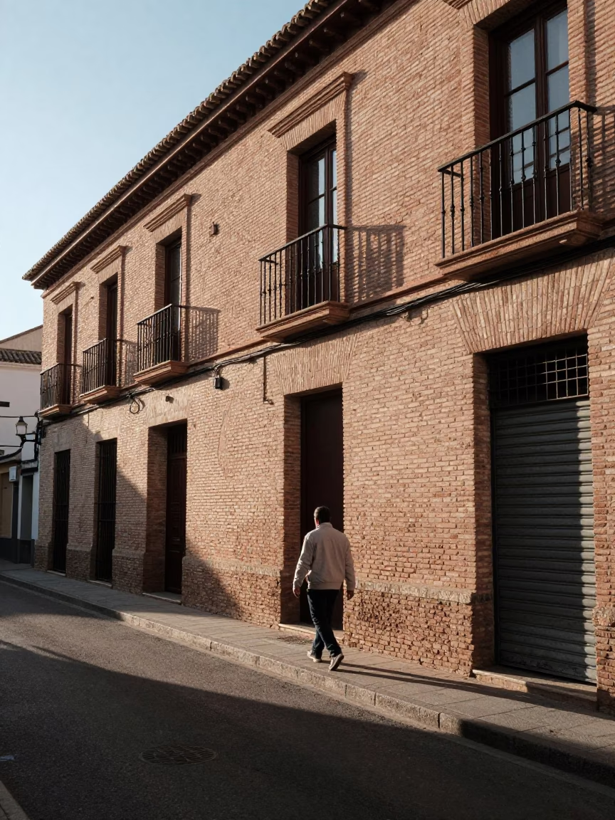 Morning Light on Granada Street with Brick Facades and Local Life in in Granada, Spain