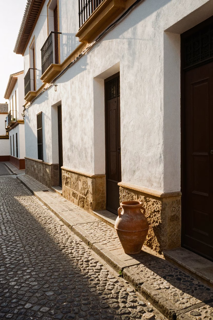 Morning light on Granada street with terracotta pot and sunlit stone architecture in in Granada, Spain