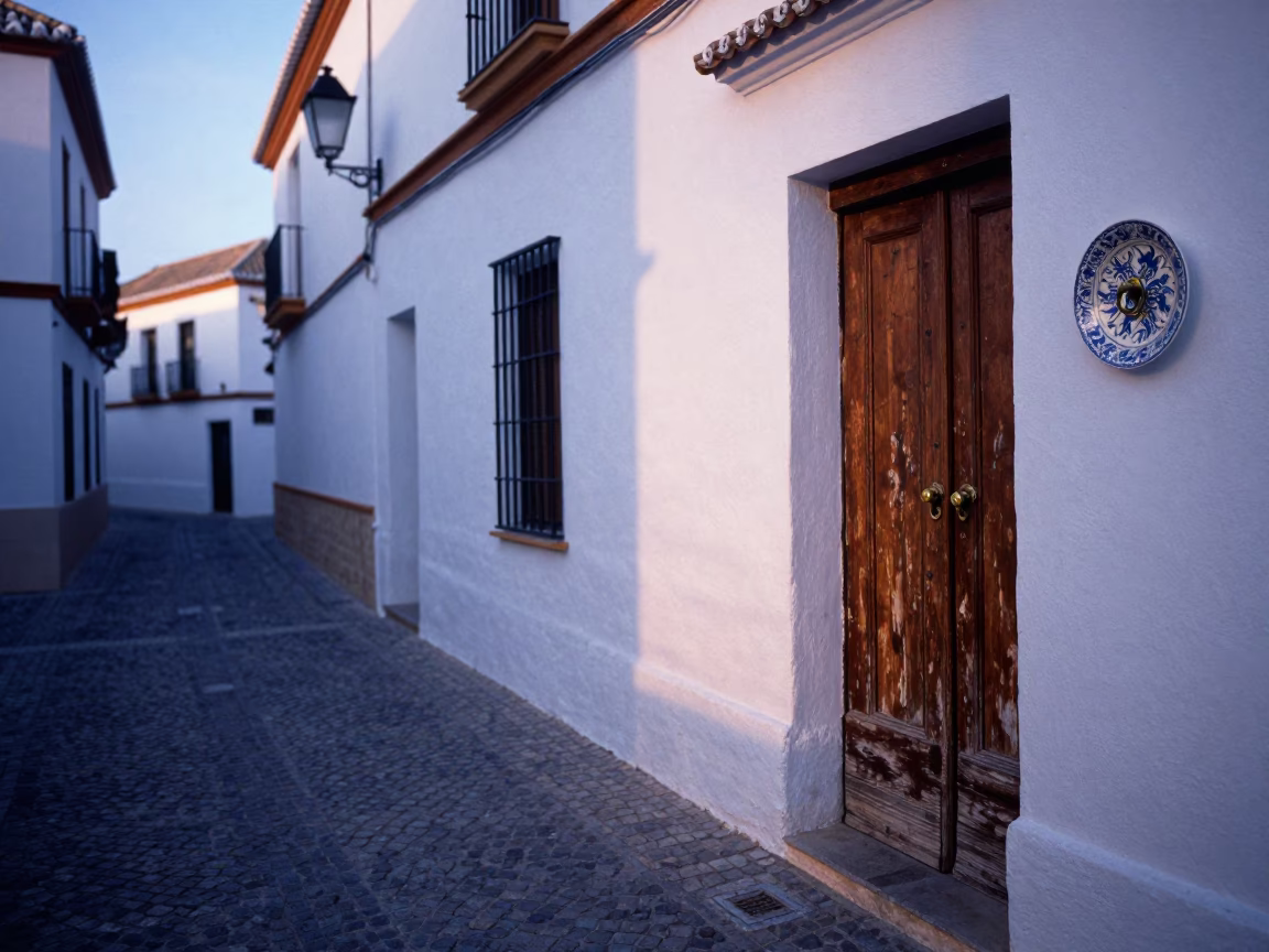 Morning light on Granada street with vintage majolica plate and doorknob in in Granada, Spain