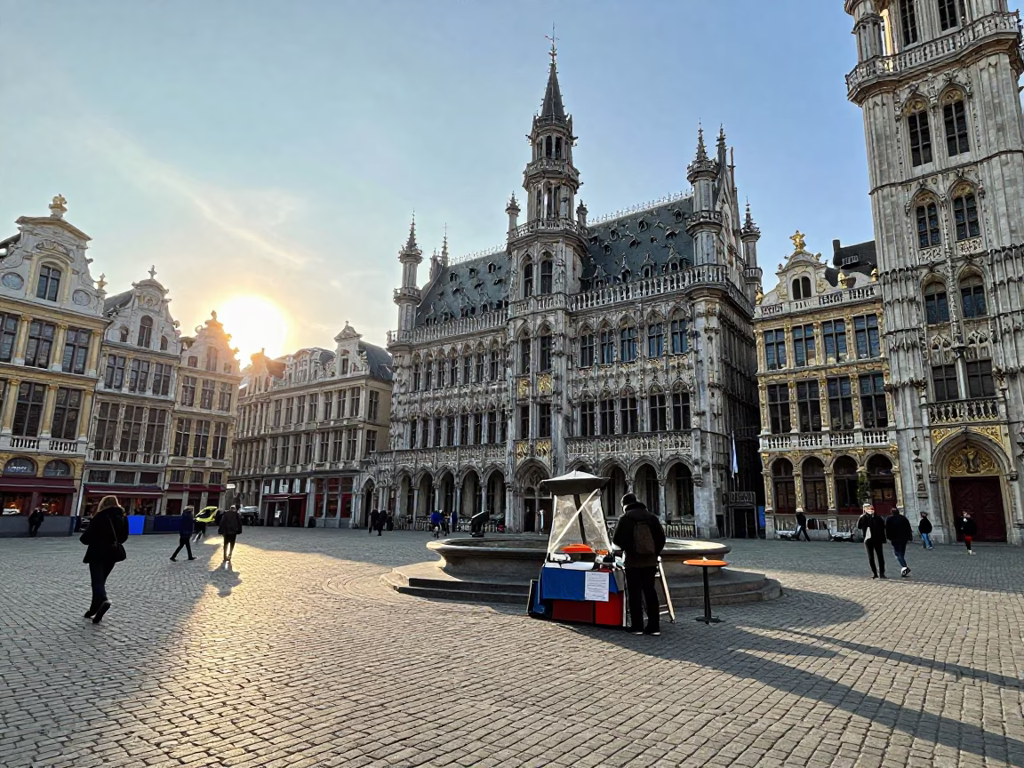 Morning light on Grand Place Brussels with street vendor and pastries in in Brussels, Belgium