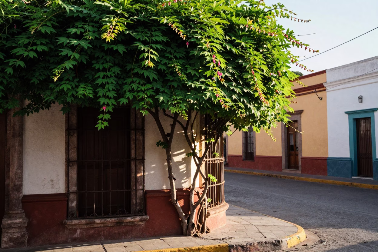 Morning Light on Guadalajara Street with Bleeding Heart Vine and Local Life in in Guadalajara, Mexico