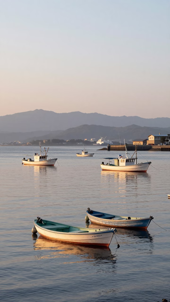 Morning Light on Hakata Bay Fishing Boats and Traditional Latches in in Fukuoka, Japan